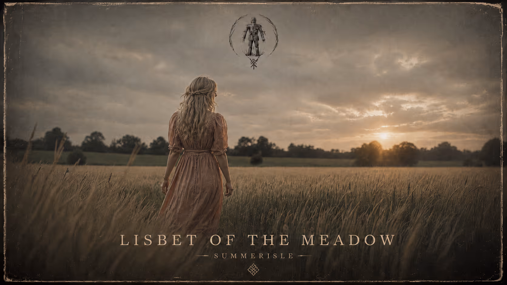 Woman in a long dress standing in a field at sunset with text 'Lisbet of the Meadow Summerisle'.