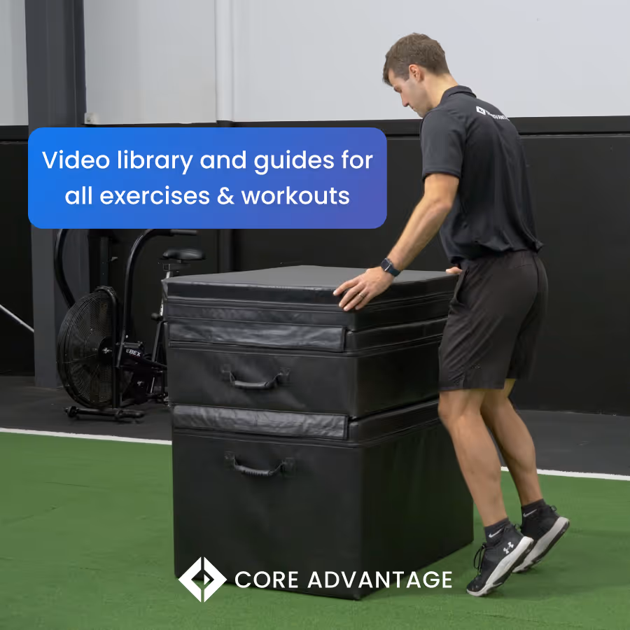 Man in athletic wear adjusting stacked black exercise plyo boxes on green gym floor with text overlay about video library for exercises and workouts.