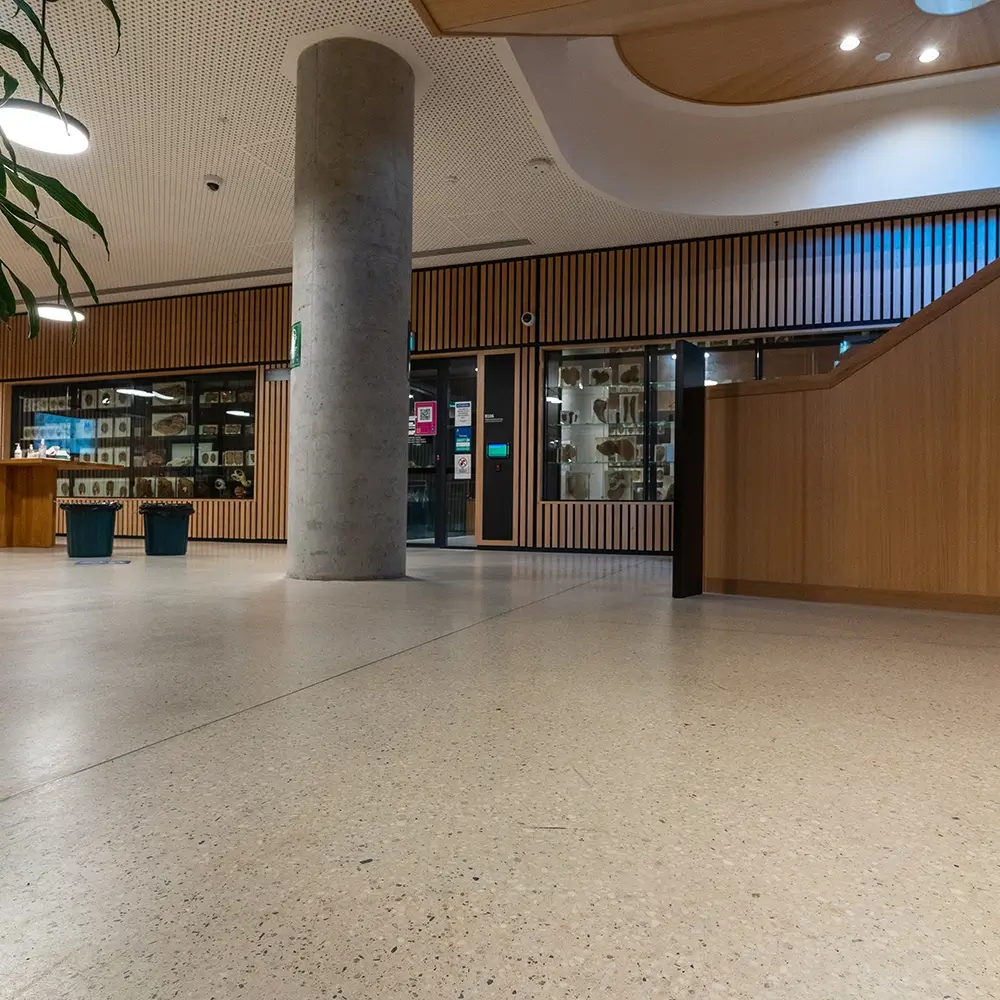 Durable polished concrete floor in university foyer with curved timber features.