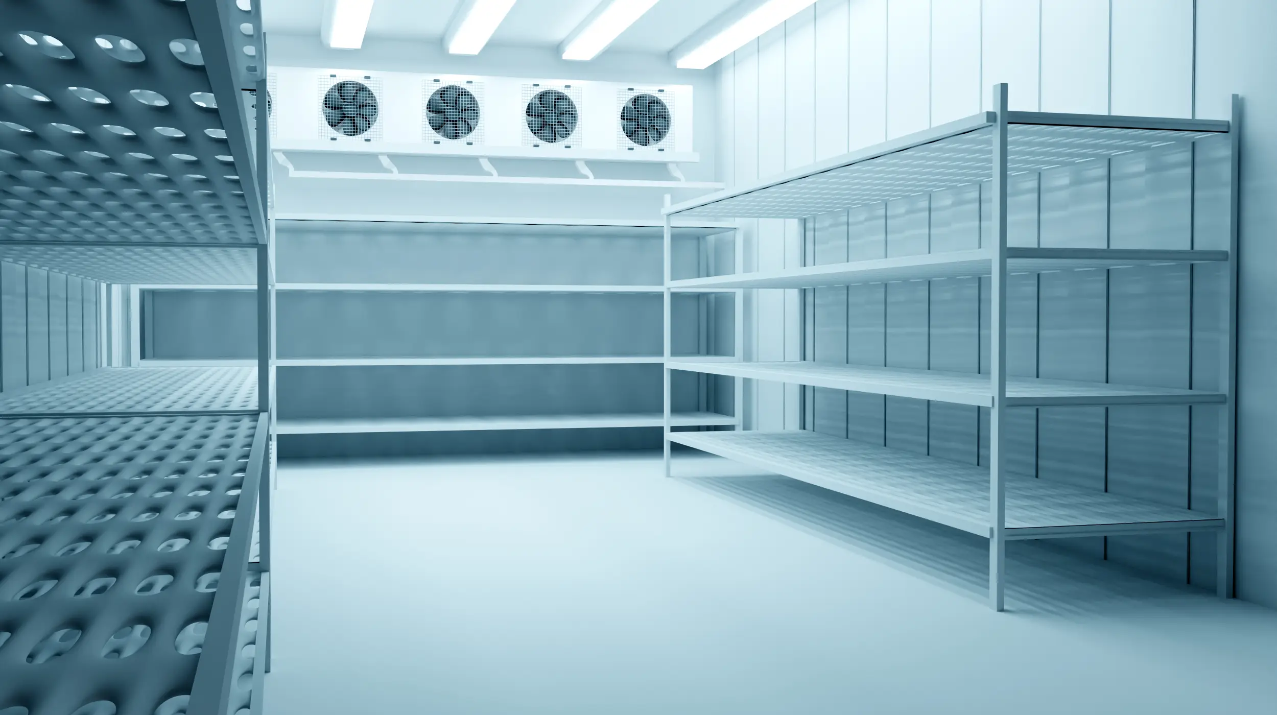 Refrigeration Chamber for Food Storage. Metal Shelves and Racks for String Frozen Foods. Food Freezing Shop. Selective Storage System. Cold Warehouse. Air conditioning on a warehouse wall.