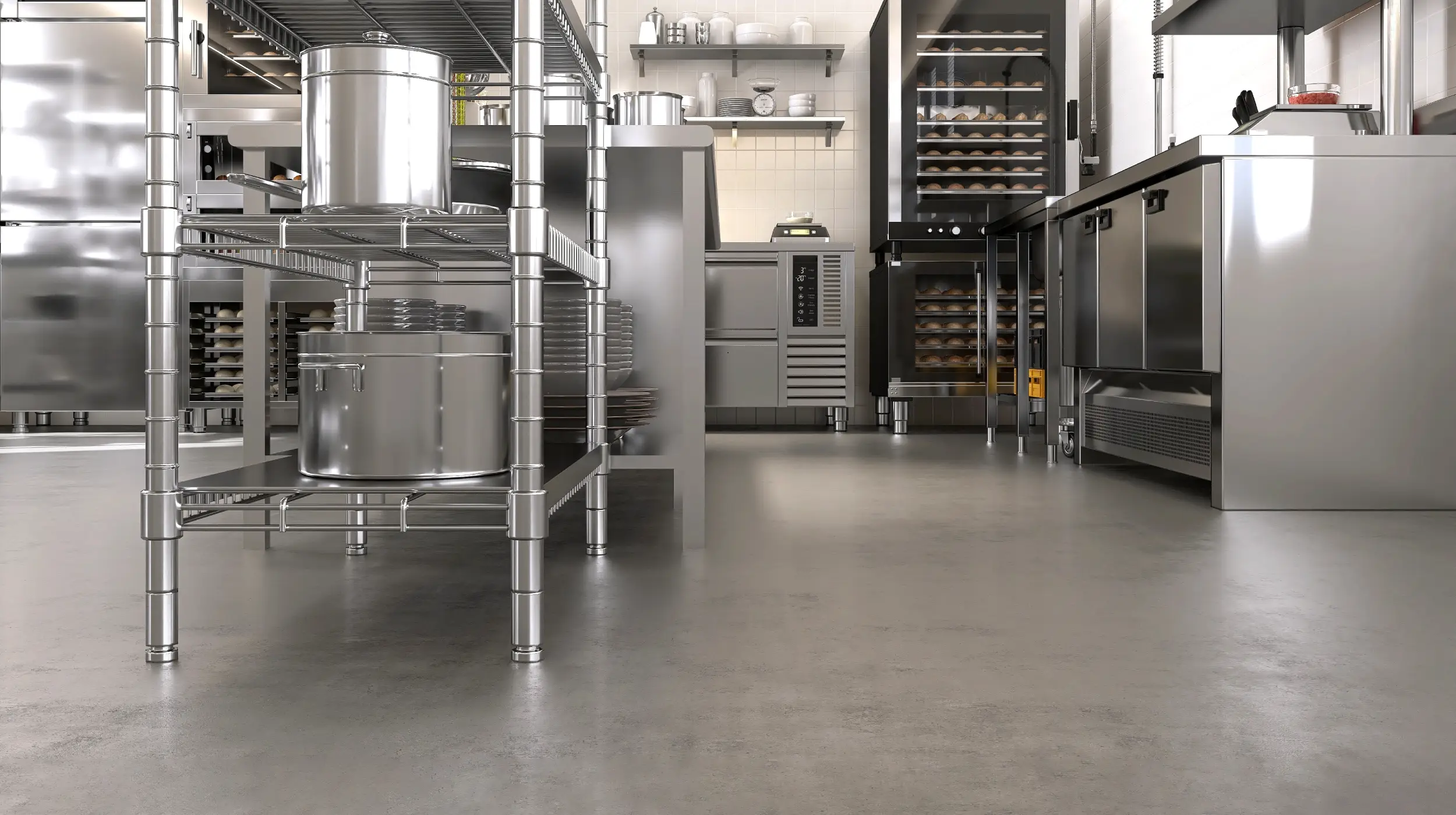 New, clean resin vinyl floor of commercial, professional bakery kitchen, stainless steel convection, bread in deck oven, freezer, refrigerator, kneading machine, cabinet, table background 3D