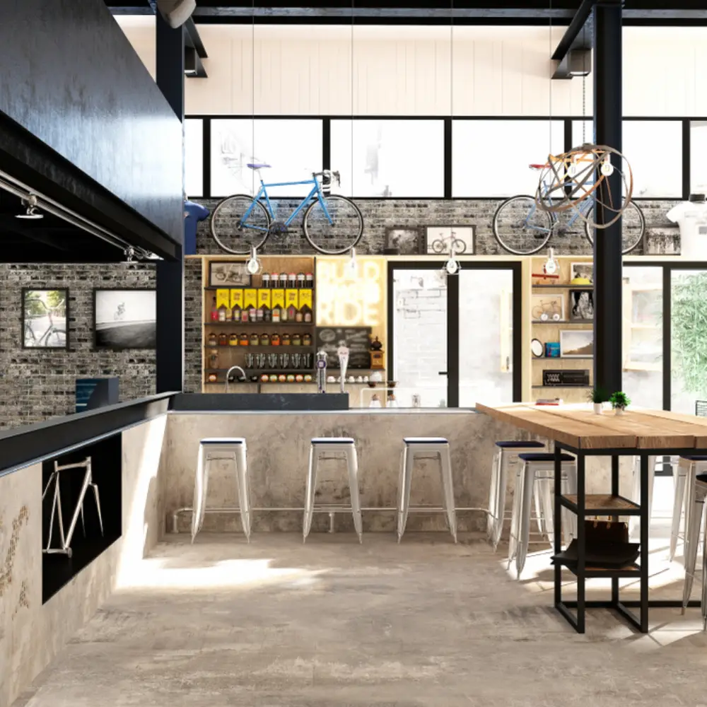 Tiled flooring and long timber bar inside a bright café-style bar with exposed beams