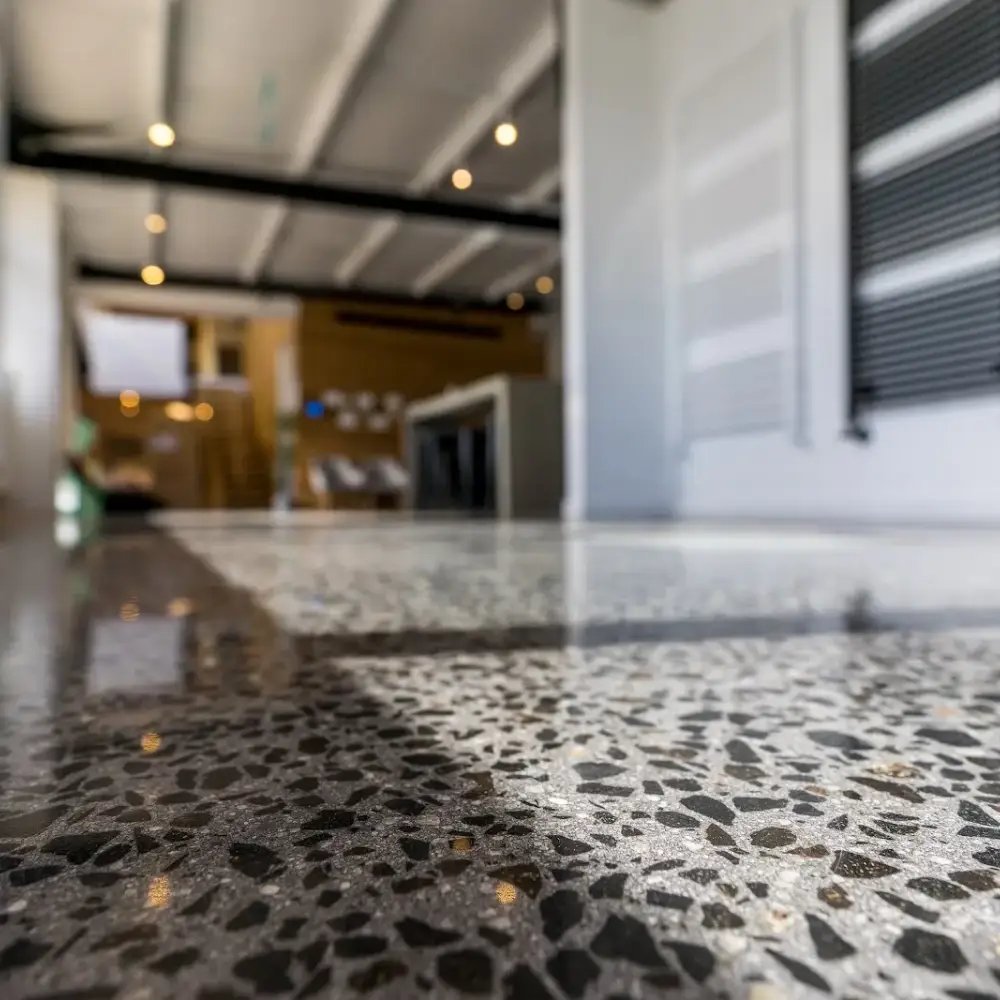 Close-up of a polished exposed aggregate concrete floor in a modern showroom with blurred background.