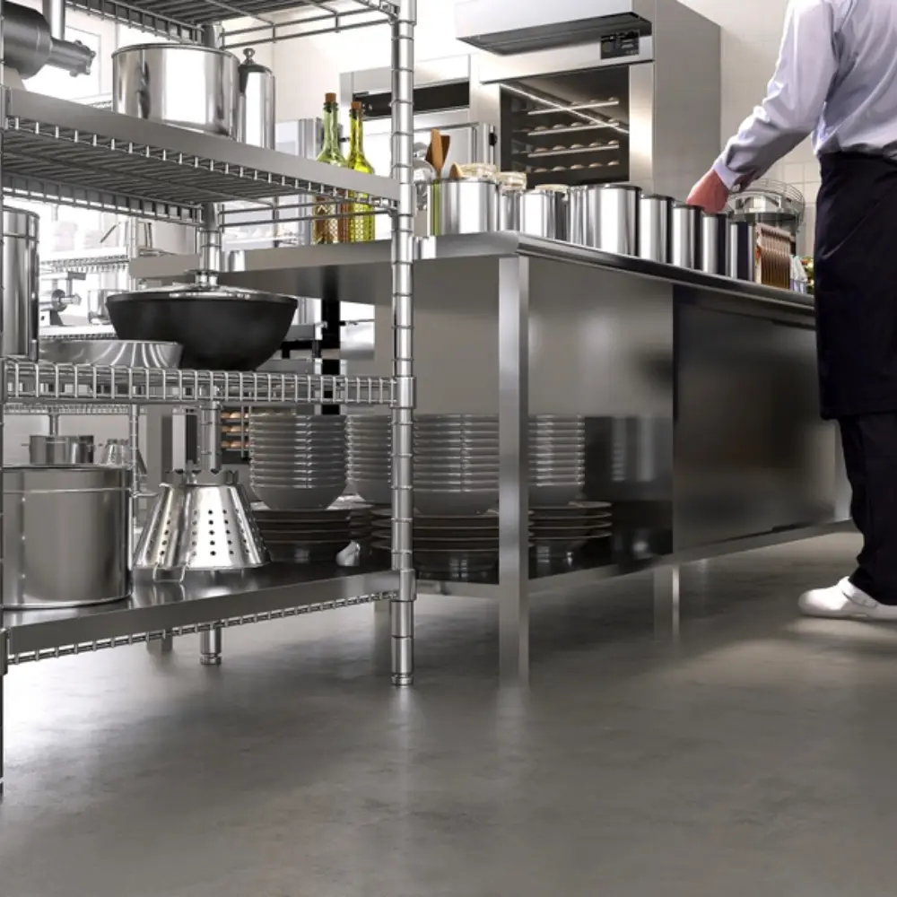 Smooth commercial kitchen flooring with stainless steel equipment and food prep area.