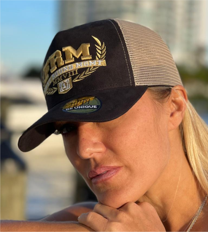 FRM Gold Embroidered Black Suede Trucker Hat 