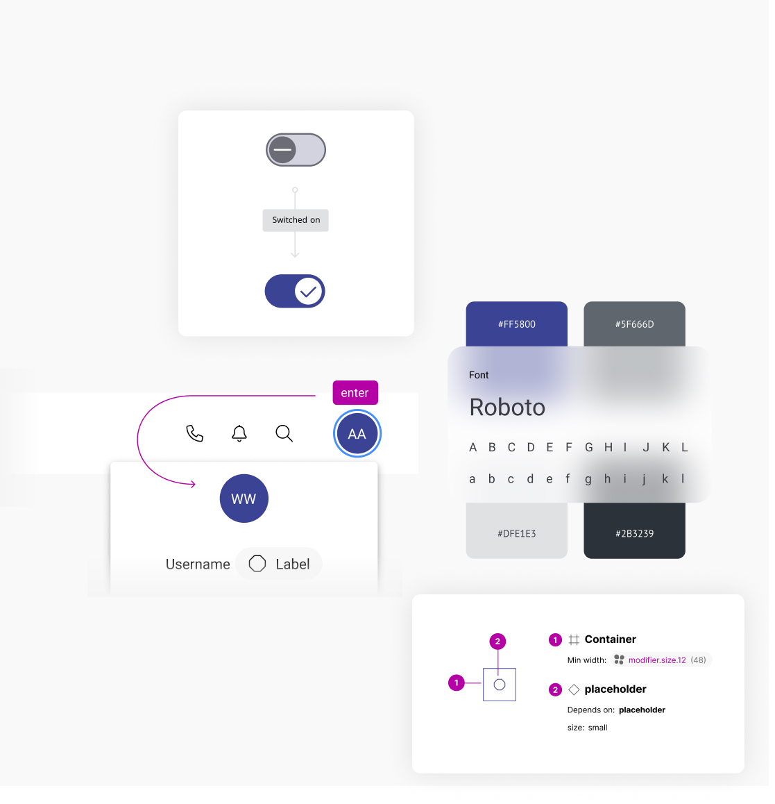 Übersicht von UI-Design-Elementen und Styleguides, darunter Schaltflächen, Farbcodes, Schriftart Roboto, Icons und Layout-Anweisungen – beispielhafte Darstellung eines Designsystems.