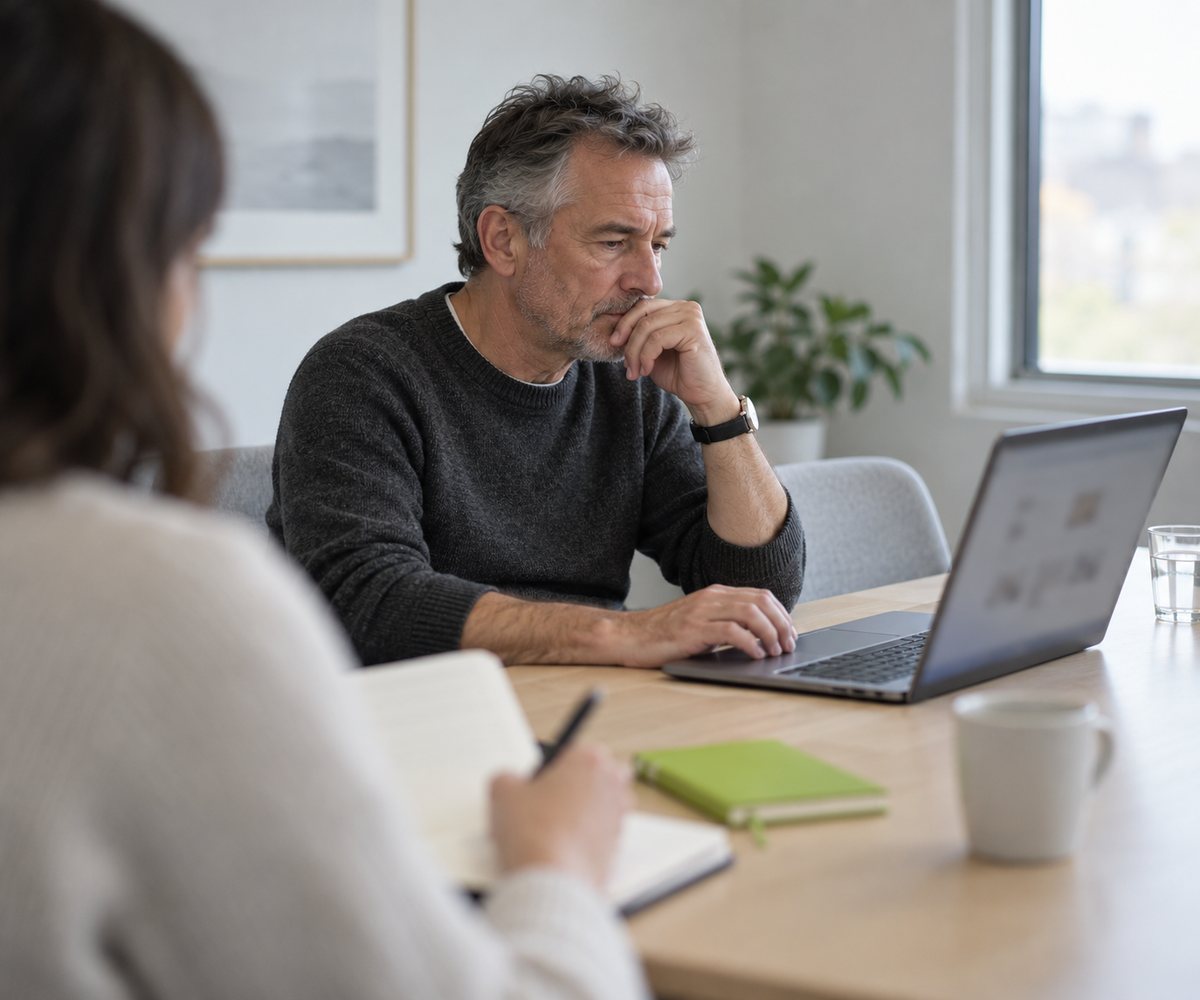 Usability-Test: Ein Mann bearbeitet am Laptop eine Aufgabe, eine UX-Researcherin beobachtet und notiert