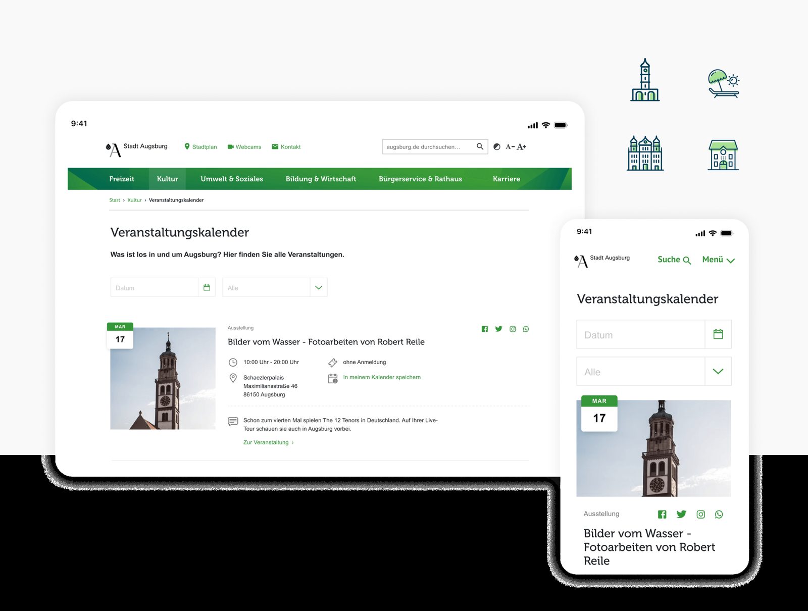 Barrierefreie Website der Stadt Augsburg mit Kontrastschalter und Schriftgrößen-Steuerung
