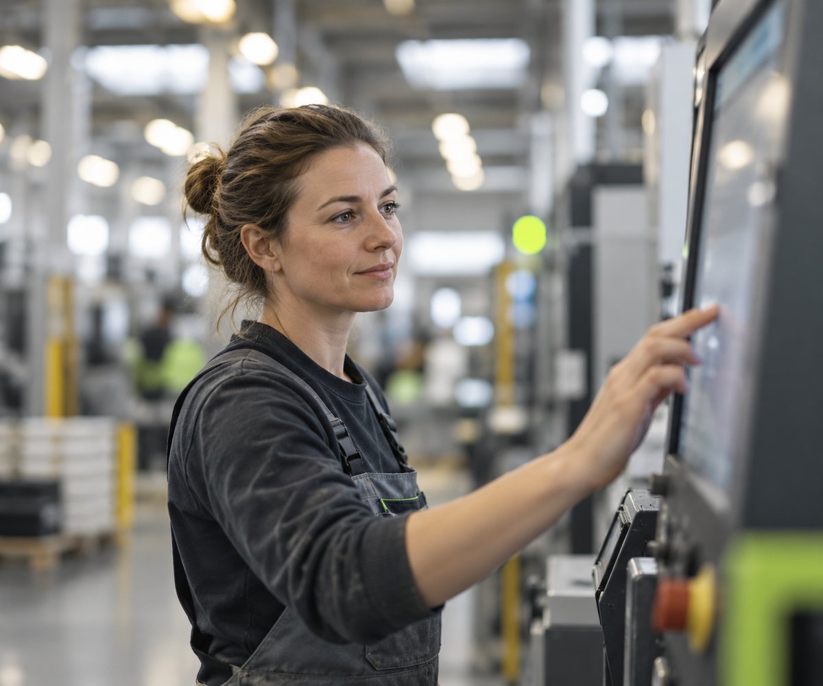 Maschinenbedienerin bedient das Touch-Panel einer Anlage in der Produktionshalle