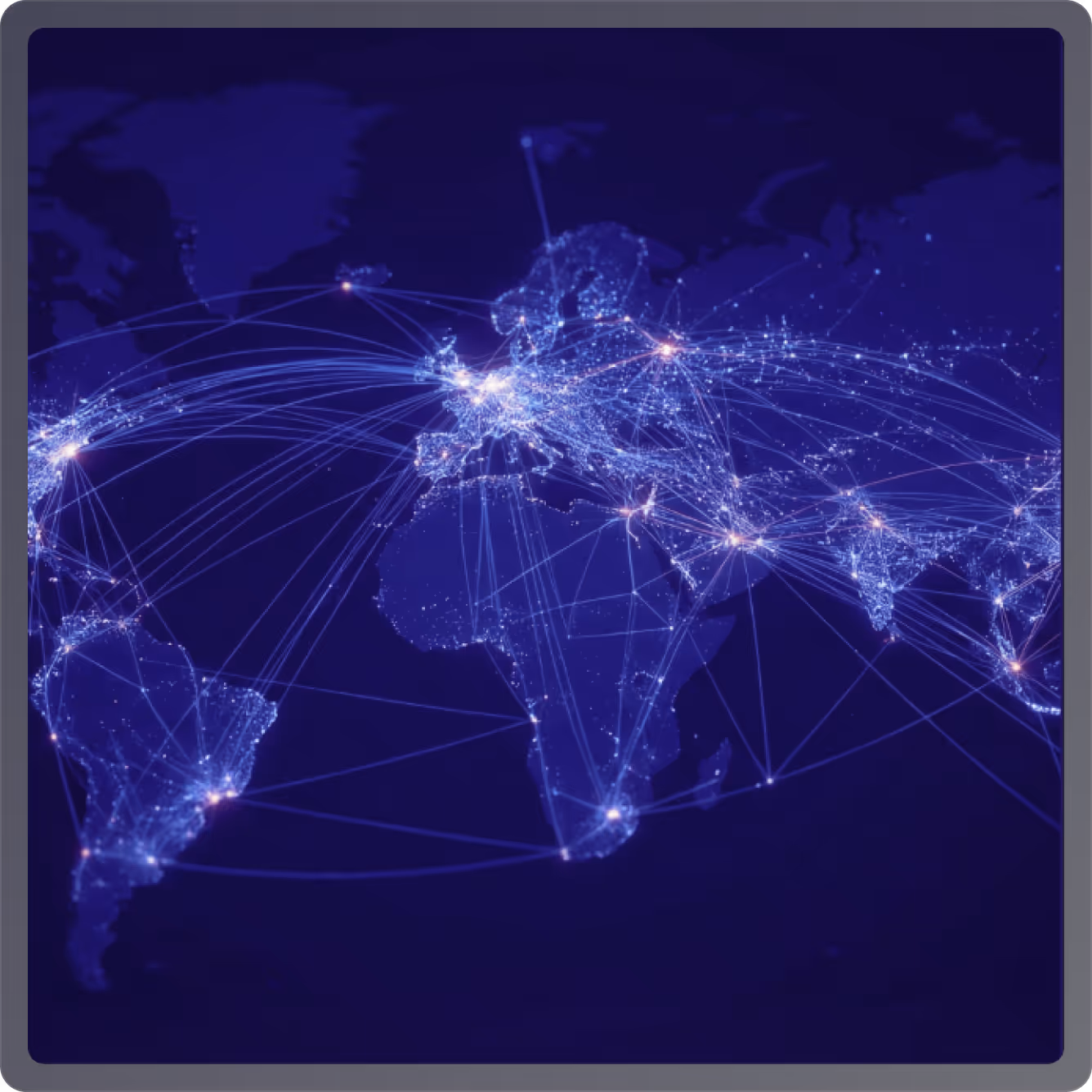 Digital map of the world at night showing illuminated city nodes connected by glowing network lines representing global communication or data flow.