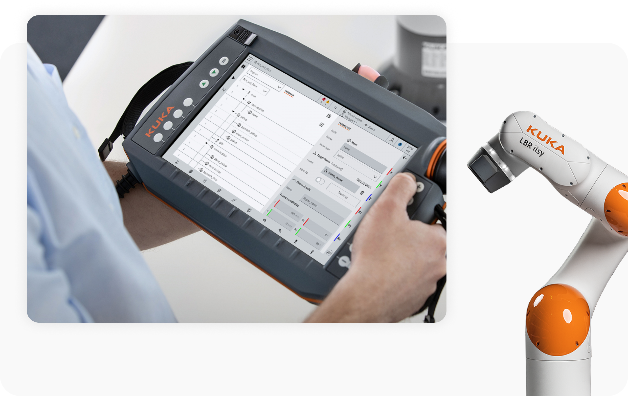 Eine Person bedient ein KUKA Handbediengerät mit der neuen Oberfläche, daneben ein KUKA Leichtbauroboter LBR iisy