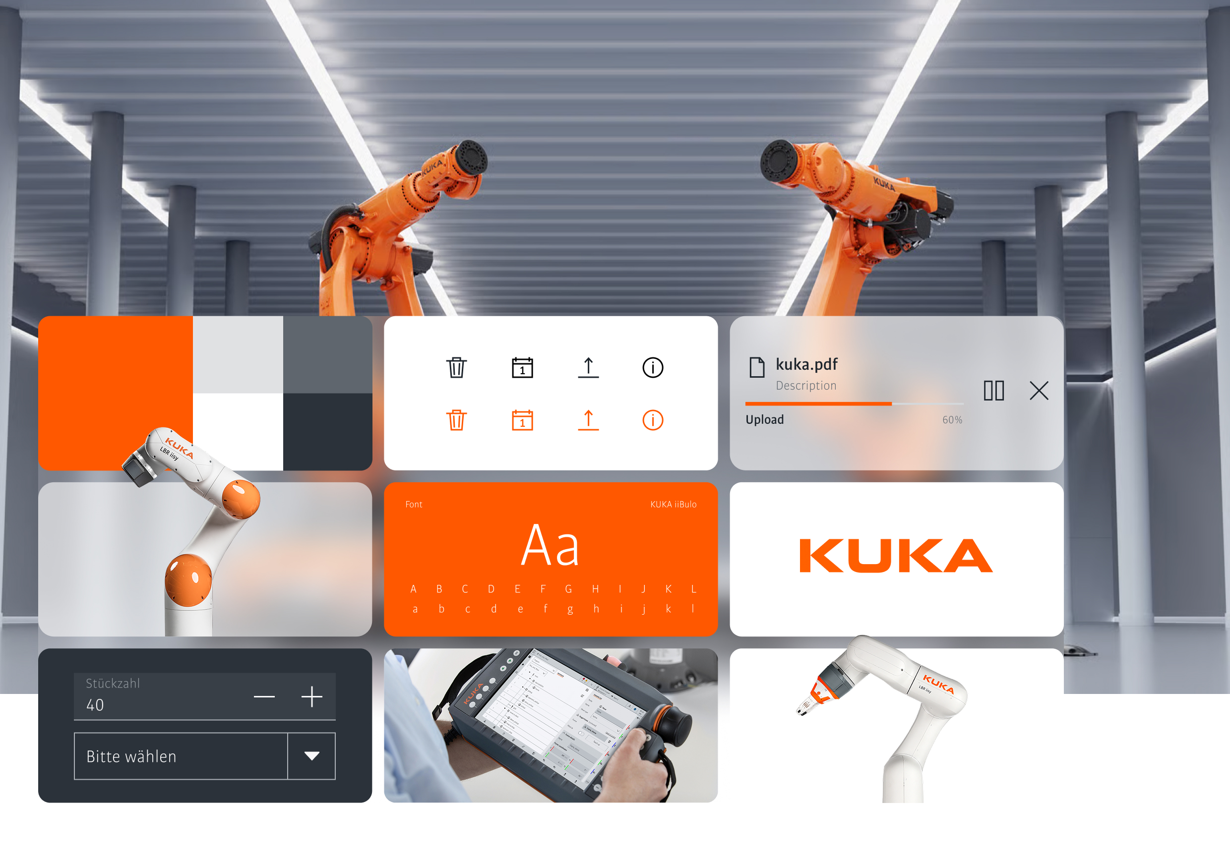 Collage aus dem KUKA Designsystem mit Farbpalette, Icons, Typografie und UI-Komponenten vor orangefarbenen KUKA-Industrierobotern in einer Halle