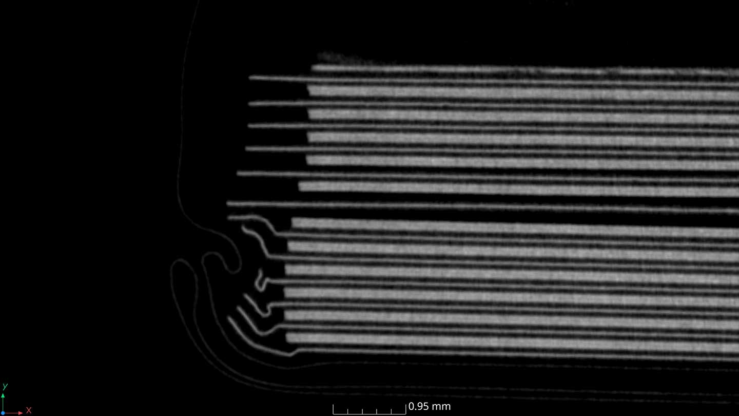 A CT scan of a lithium battery with anode defects