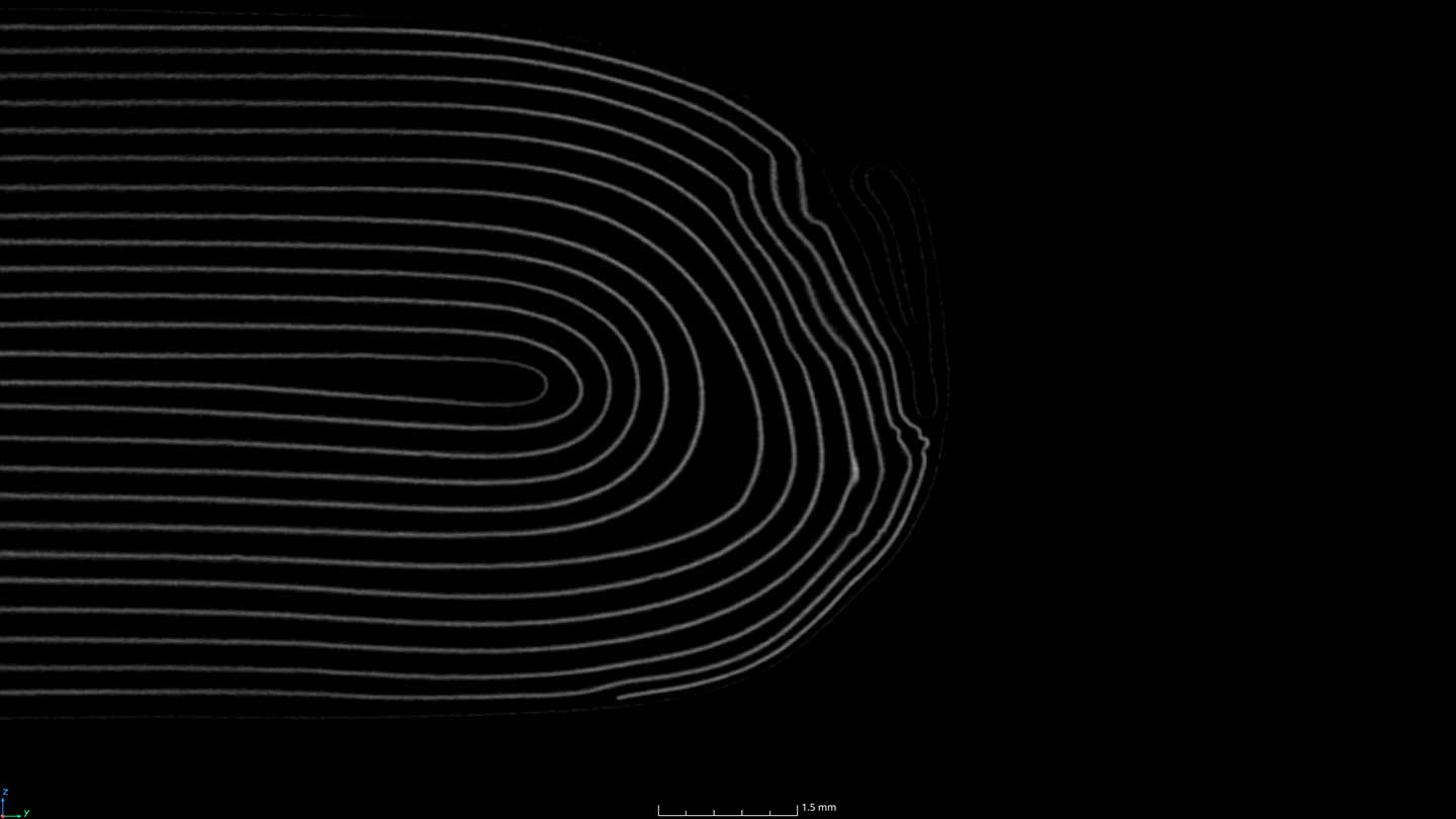 A CT scan of lithium battery with jelly roll defects