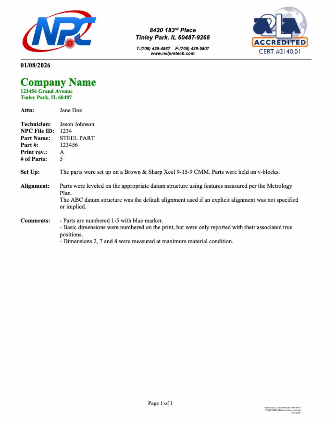 Sample inspection report cover sheet