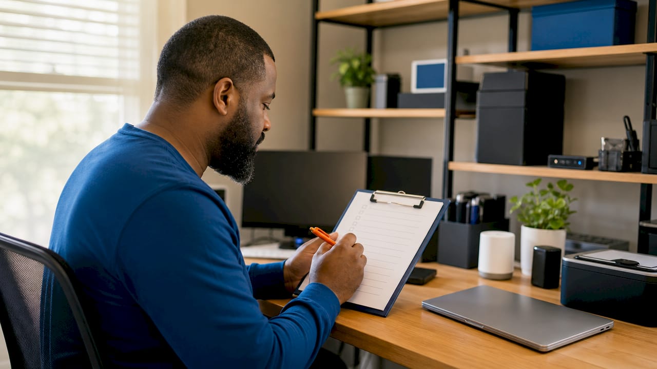 Hands checking IT assets inventory checklist