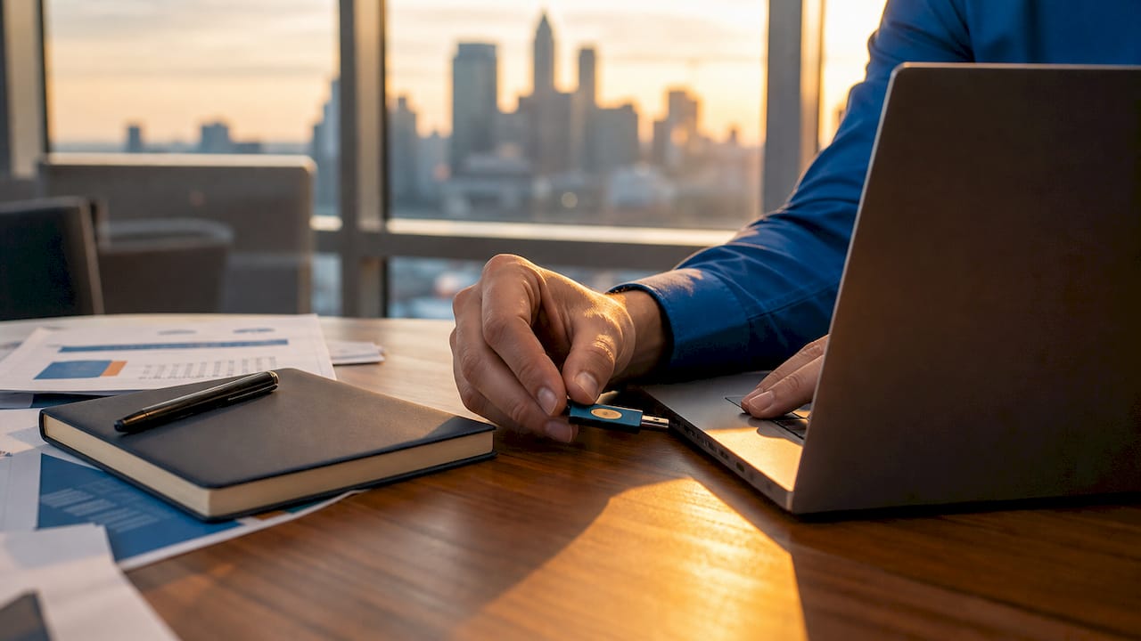 Hands using security key at laptop in office