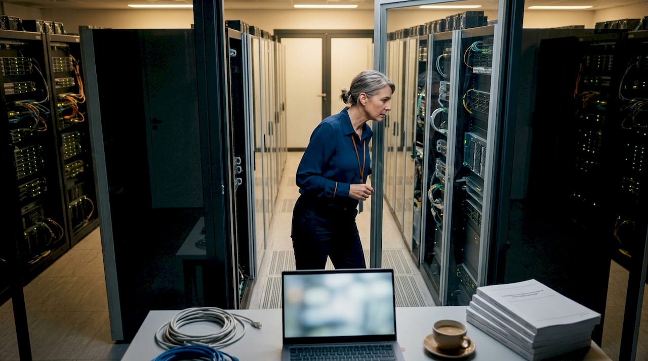 IT technician inspecting servers in data center office