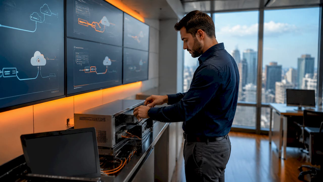 IT technician's hands managing cloud servers