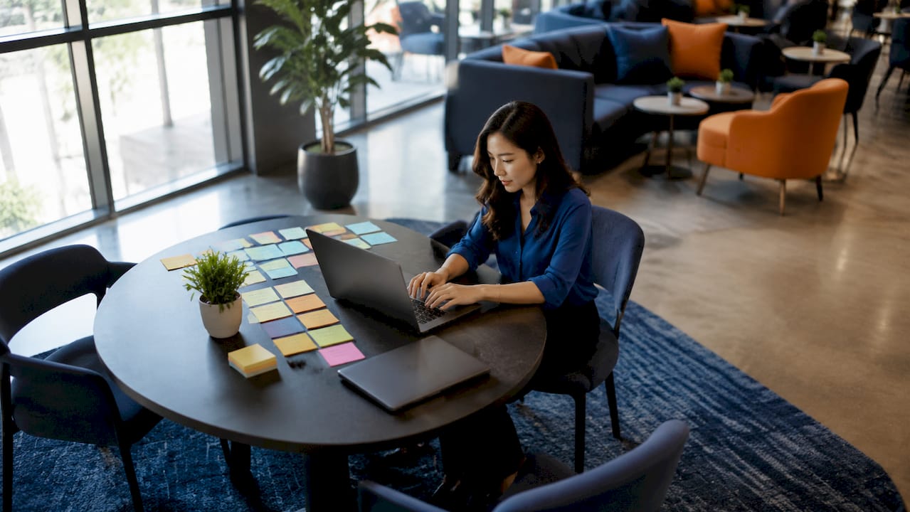 Woman working at IT desk with dual monitors