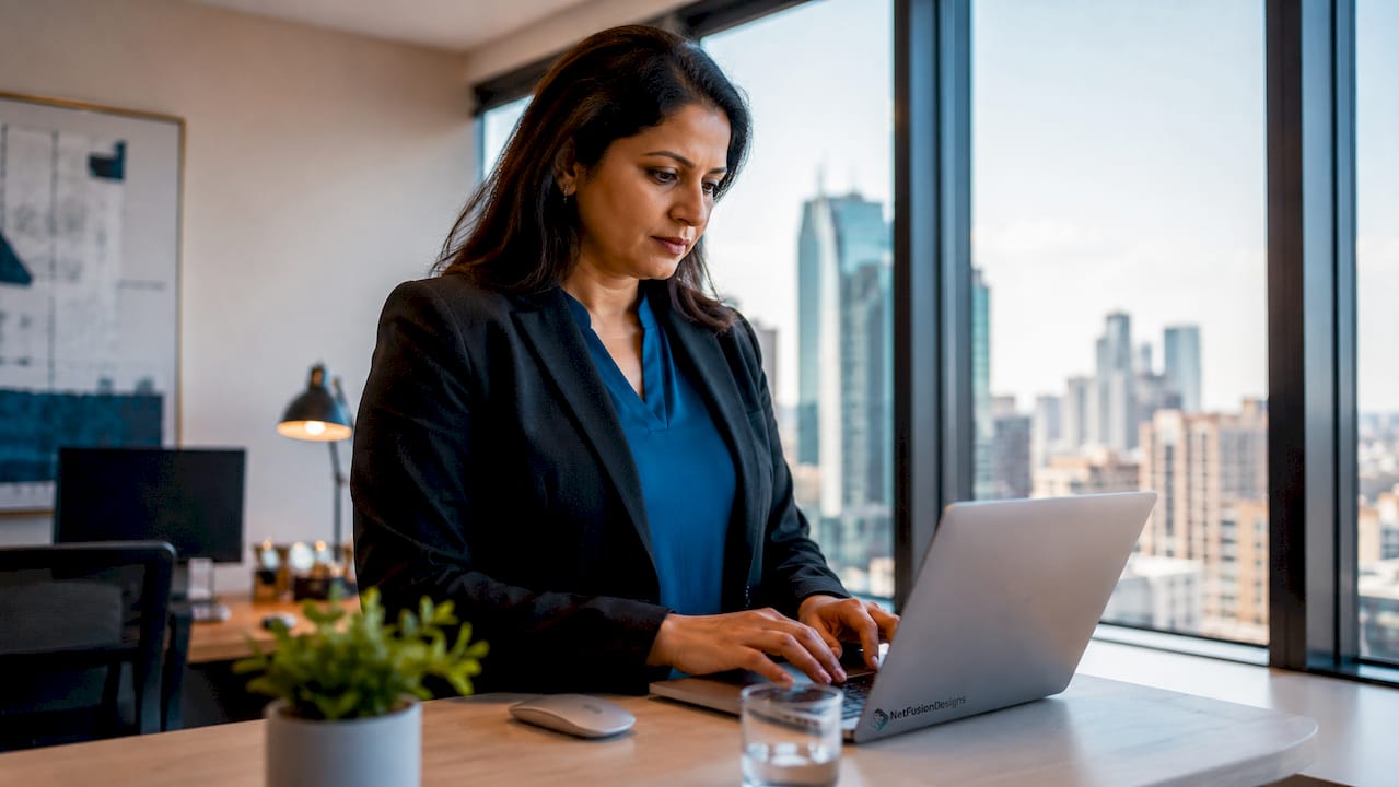 Woman typing on laptop in office