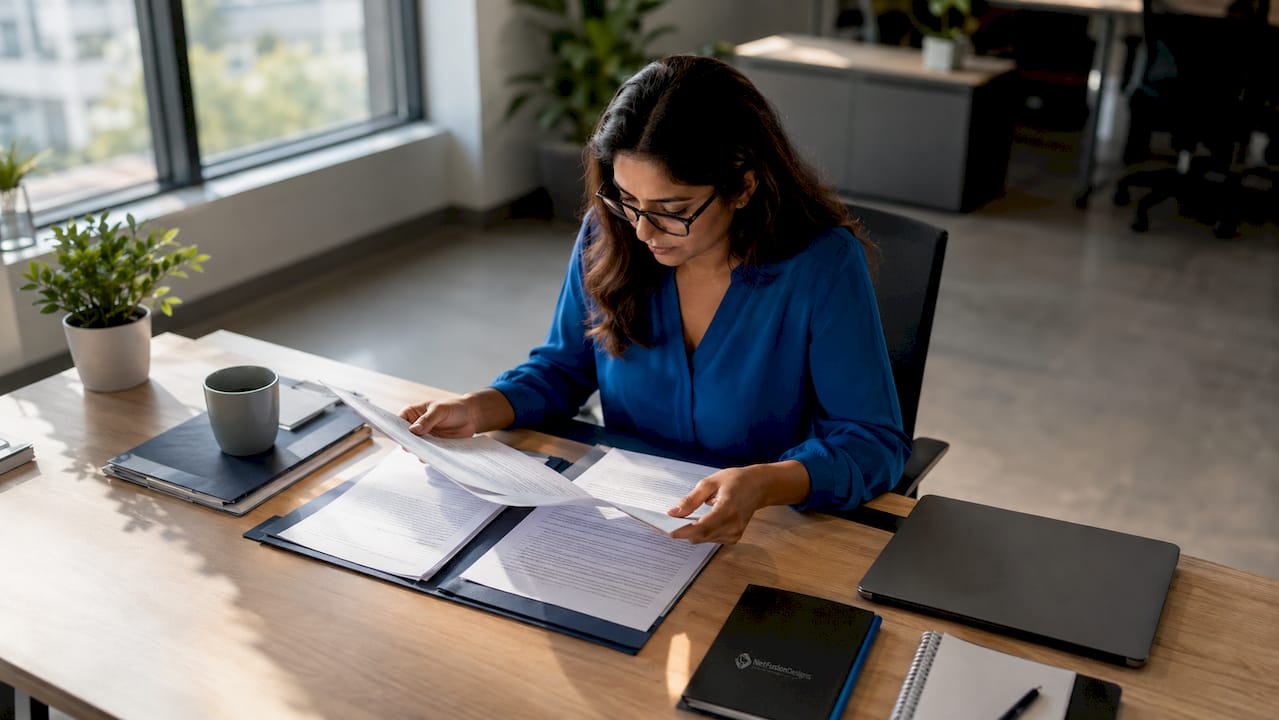 Accountant reviewing printed compliance documents