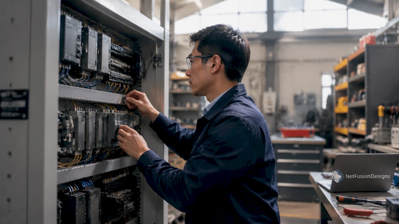 Technician inspecting industrial control cabinet