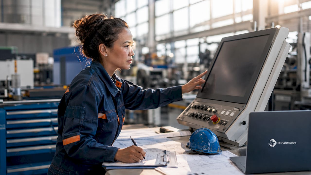 Technician at control panel in factory