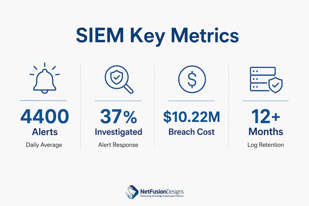 Infographic showing SIEM compliance and security metrics