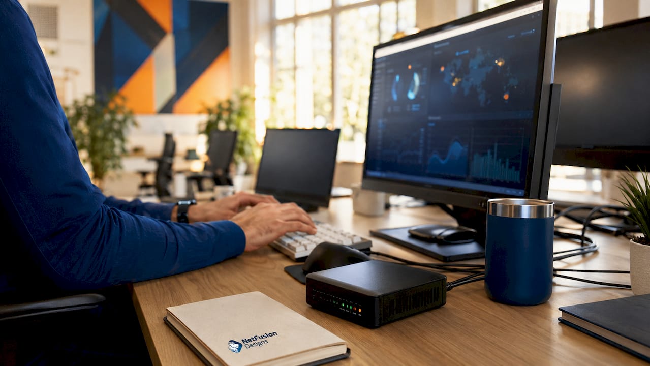 Hands managing cybersecurity tools in IT control room