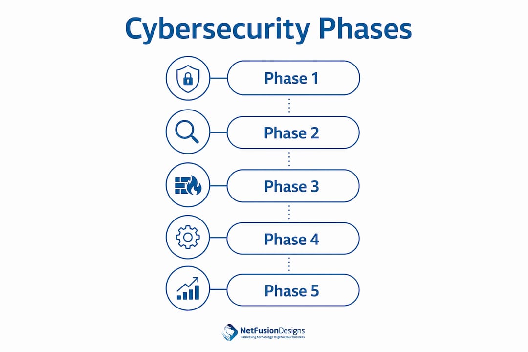 Infographic showing phased cybersecurity implementation steps
