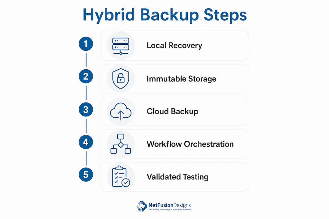 Infographic showing hybrid backup architecture steps
