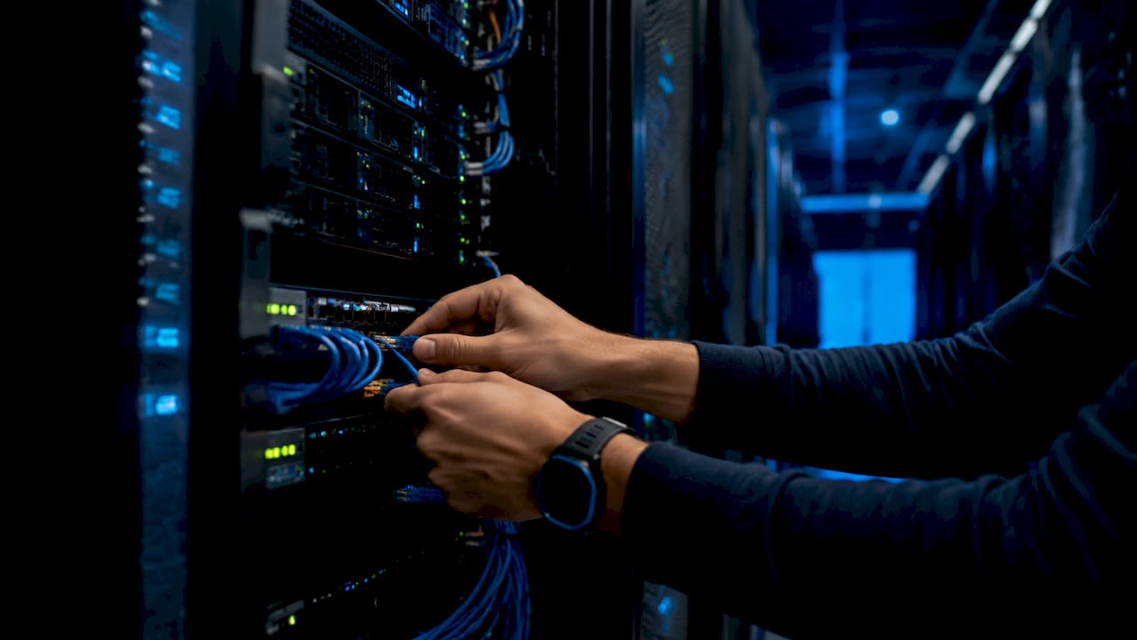 Hands connecting cable to server in data center