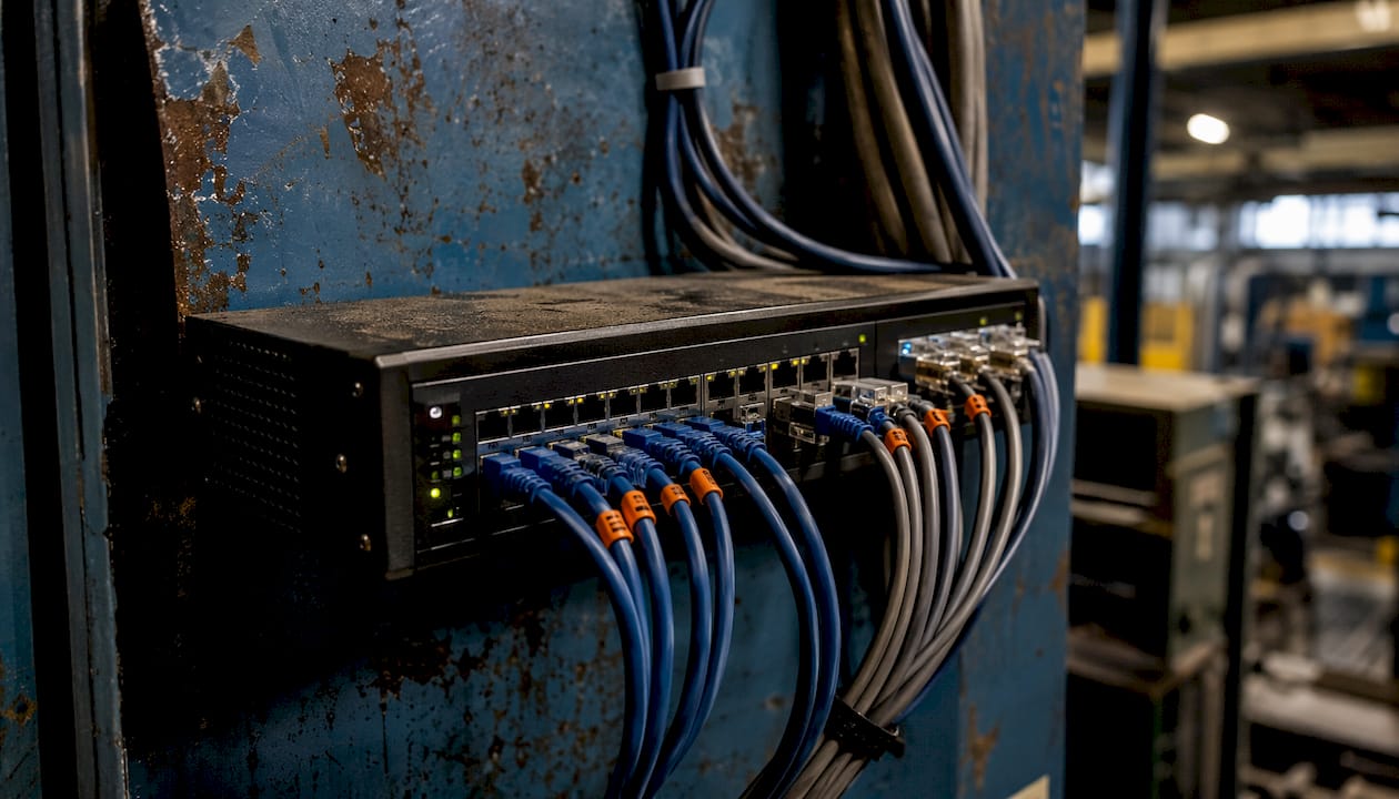 Close-up of industrial Ethernet network switch cables