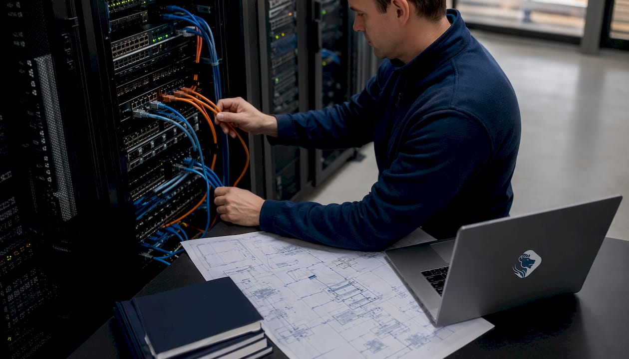 Hands typing on keyboard in server room