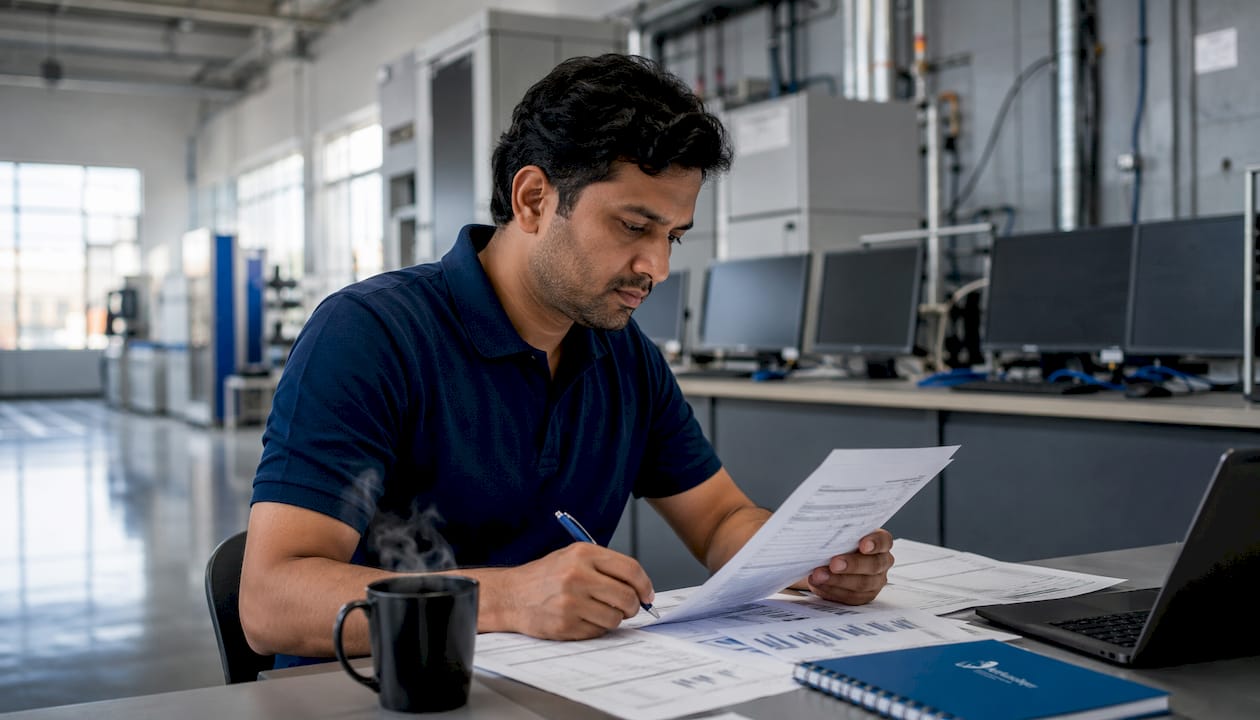 Technician reviewing manufacturing IT security reports