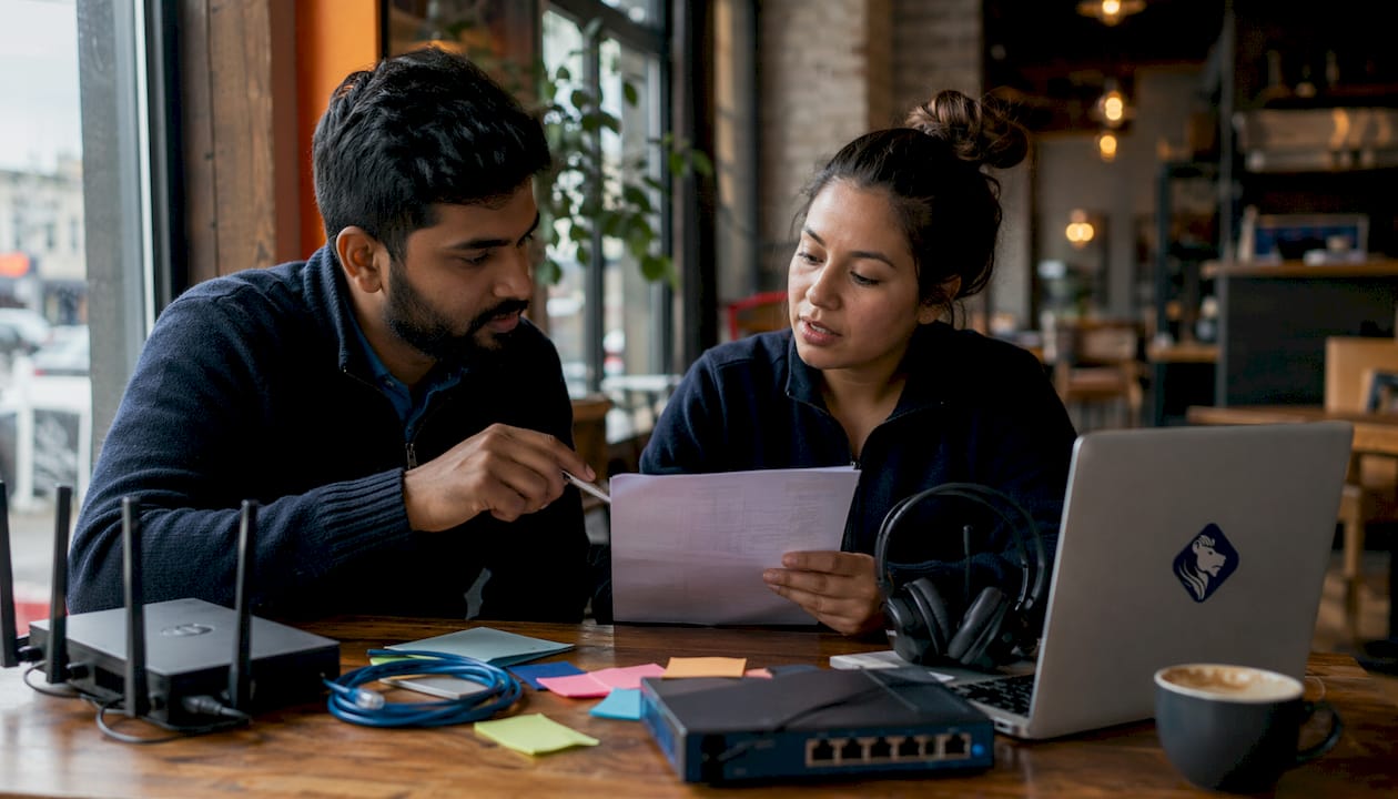 Two technicians collaborating at helpdesk