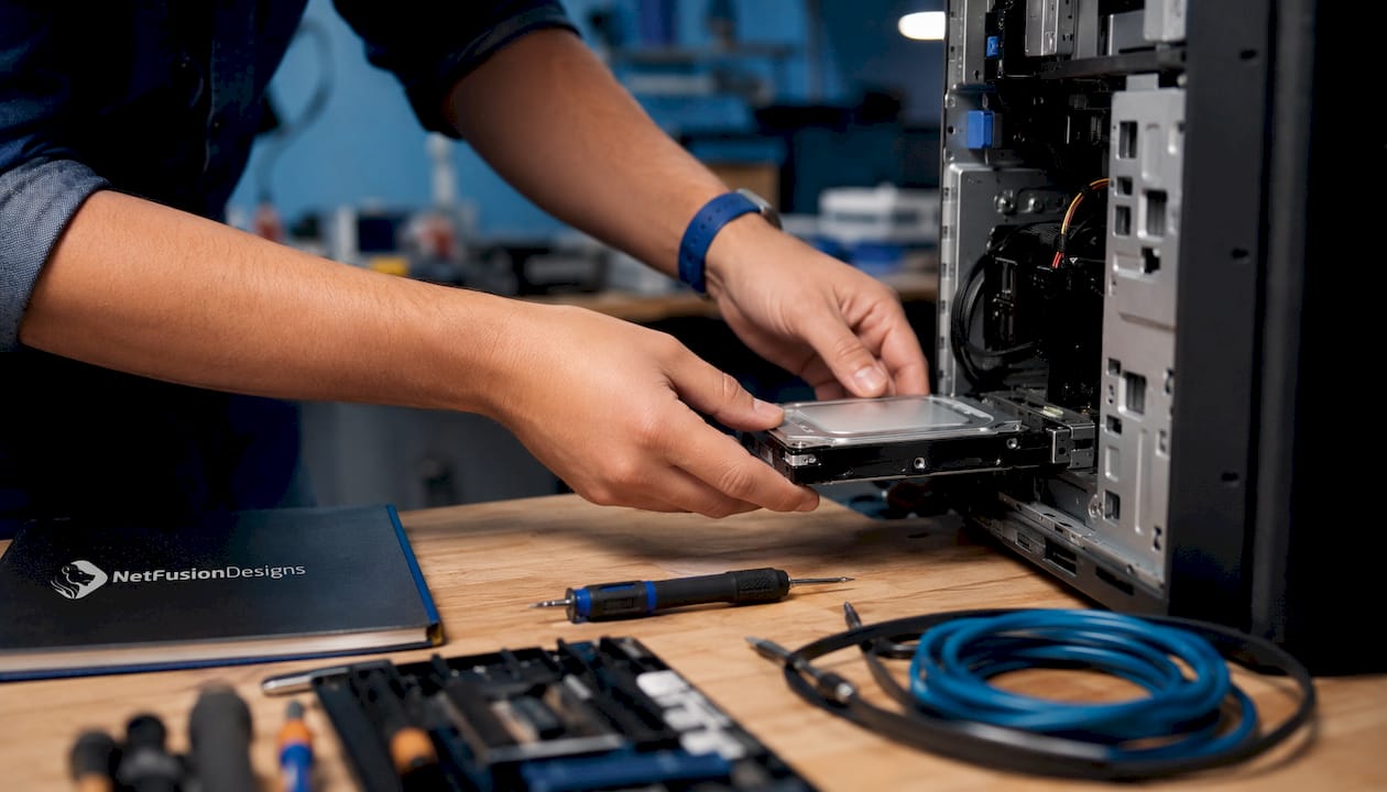 Technician hands replacing desktop hard drive