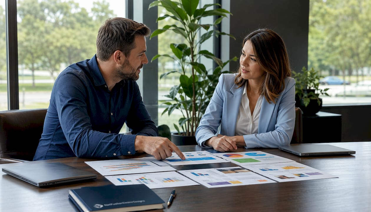 Colleagues discussing documents in office