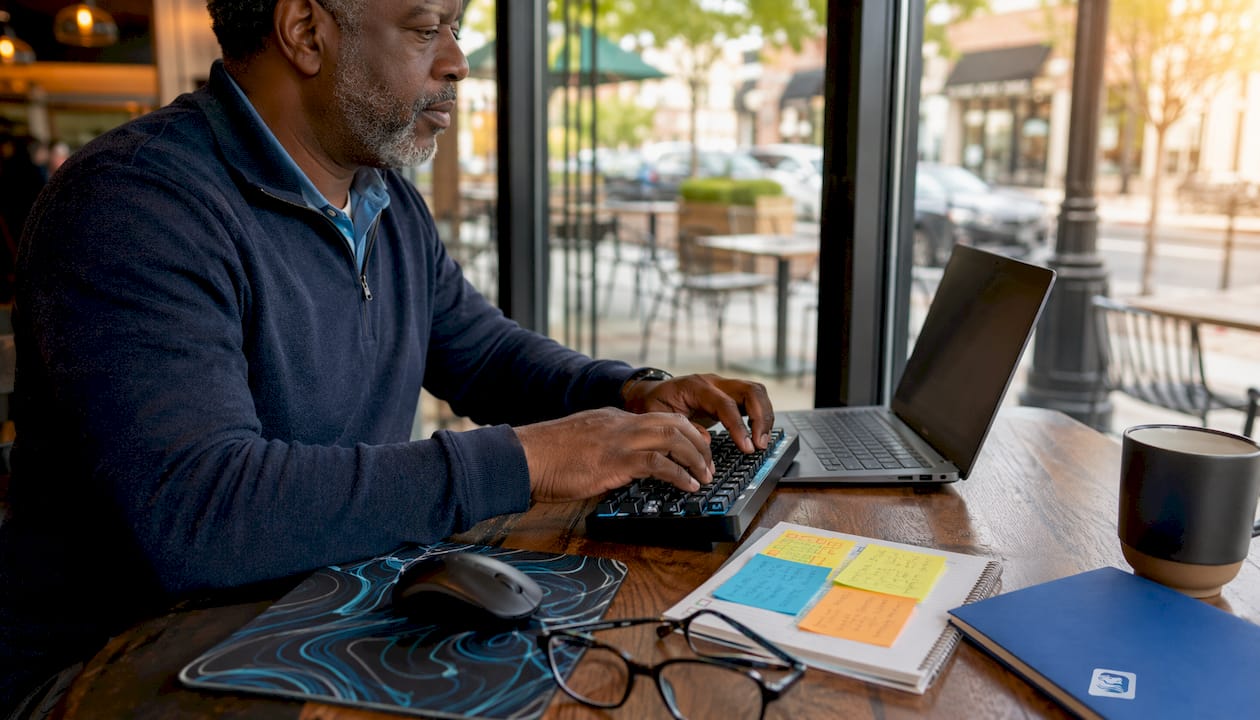 Hands typing on keyboard with documents and coffee cup