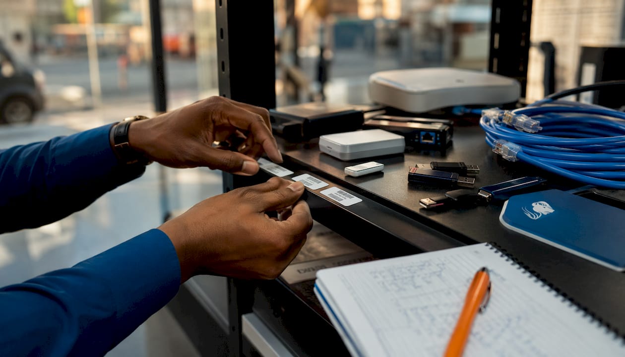Hands labeling IT devices on workshop table