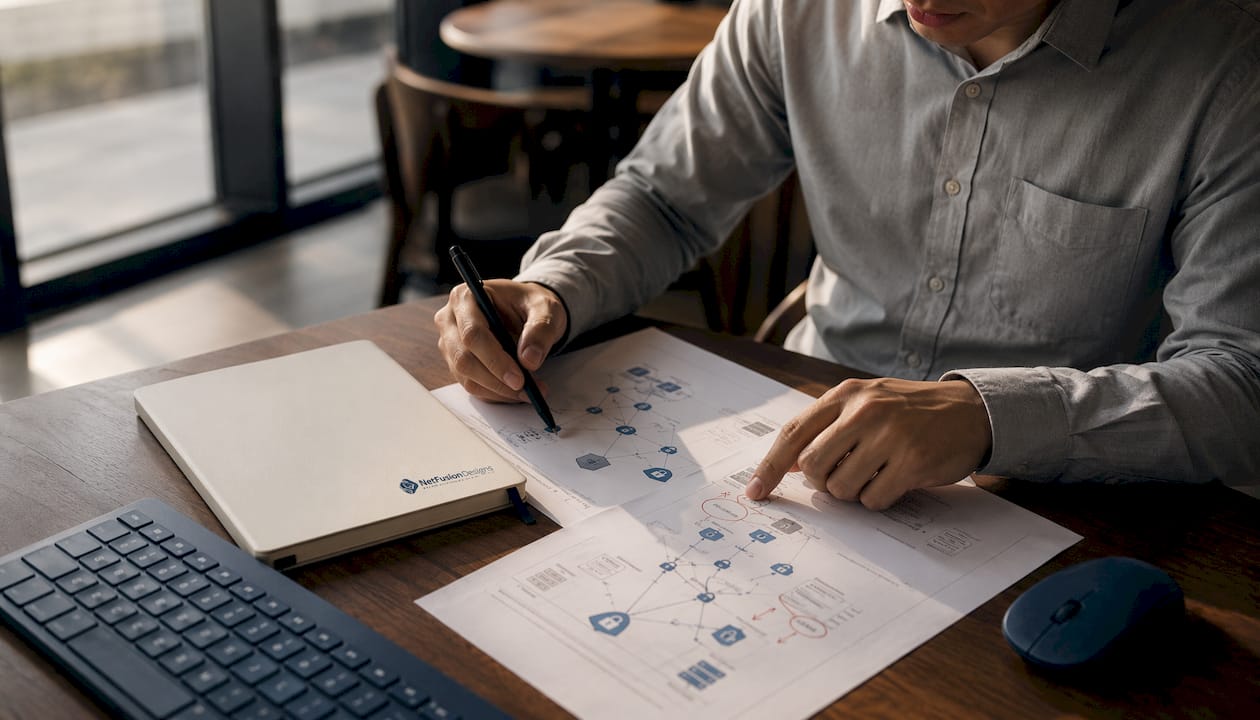 Hands annotating security audit documents