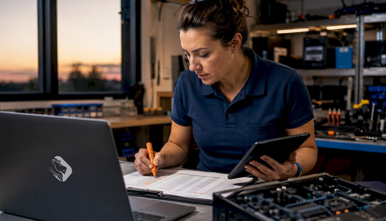 IT technician using tablet in server room