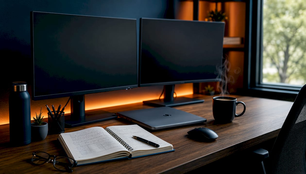 Close-up of professional IT workspace with monitors and notebook