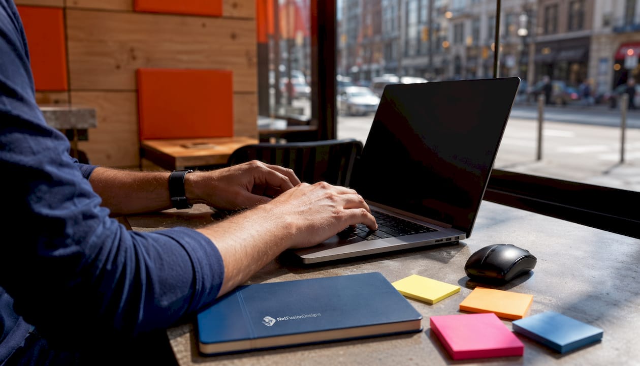 Person typing on laptop in office with tech devices