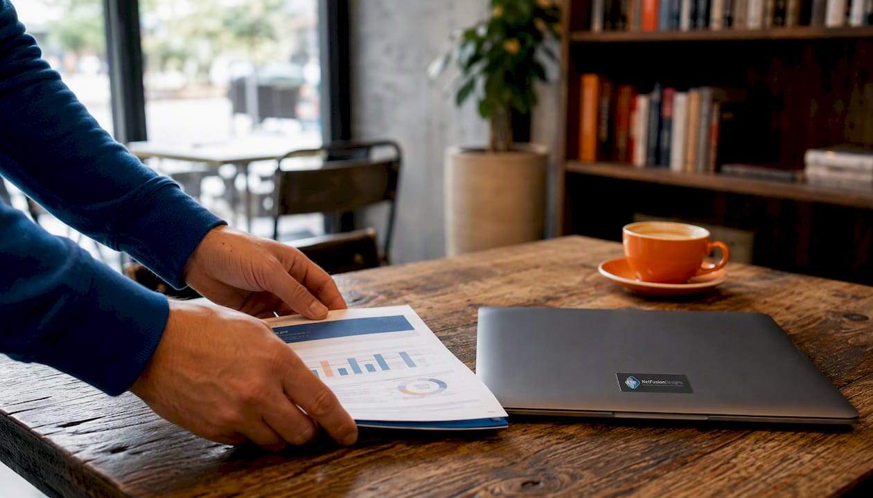 Hands organizing IT provider evaluation materials on table