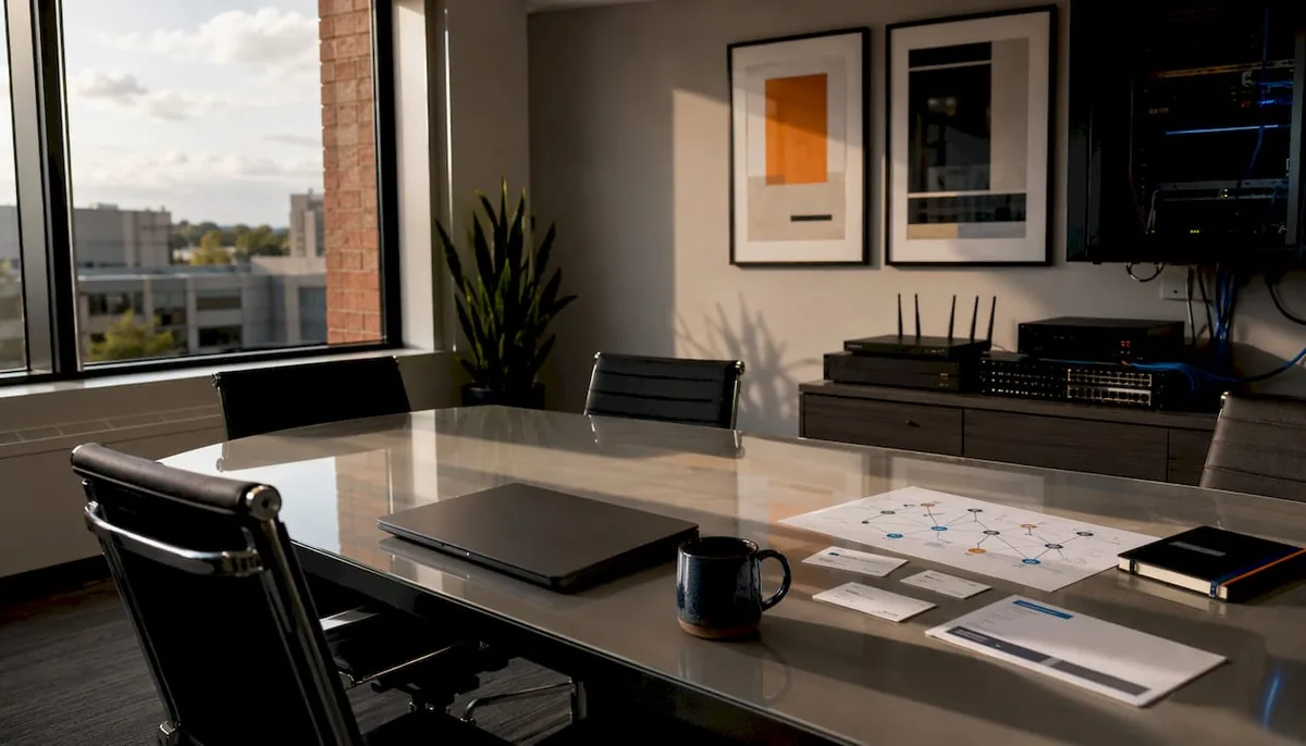 Small business office desk with IT equipment