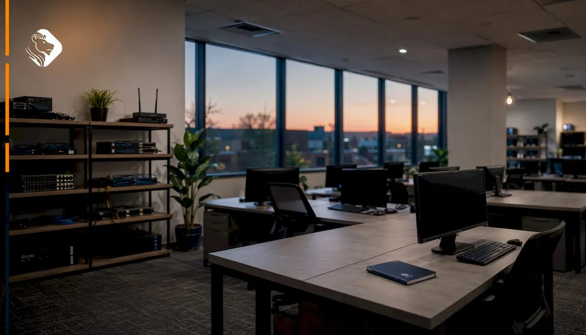 Empty tech office with monitors and network equipment