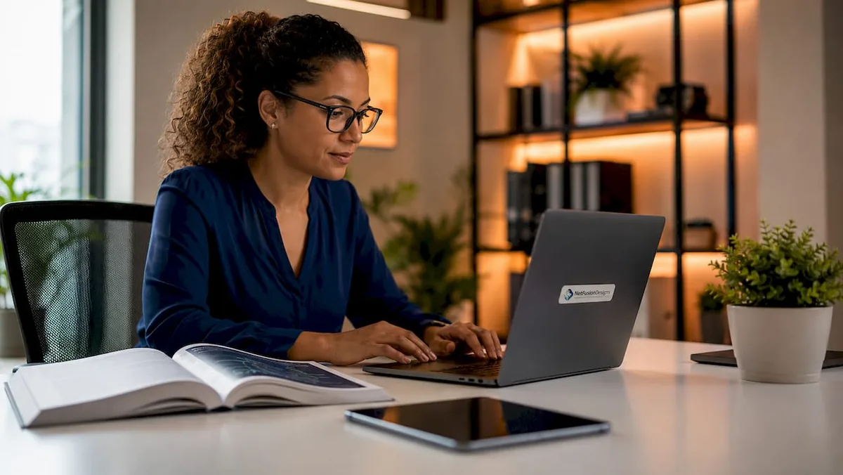 Side profile of IT professional at desk with network devices