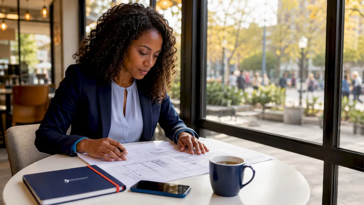 Professional woman reviewing IT network diagrams at desk